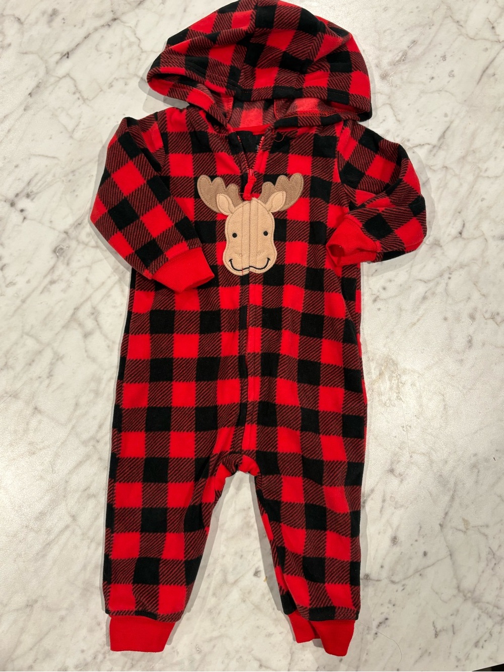Carter’s Baby Red & Black Buffalo Plaid Hooded One-Piece with Moose 6-9m